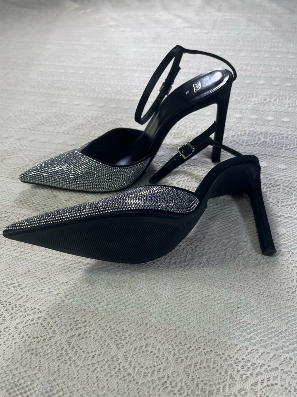 Zara Black Slingback Heels with Silver Rhinestone Pointed Toes